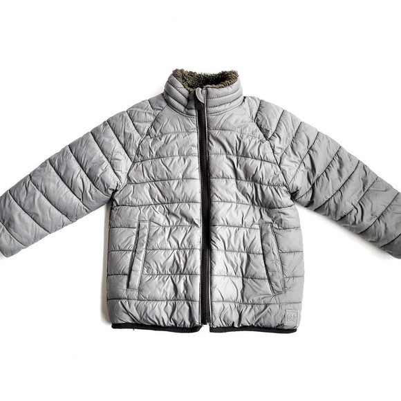 GAP Other - Gap Size 4 Silver Gray Puffer Reversible Jacket Recycled Nylon Sherpa Camo